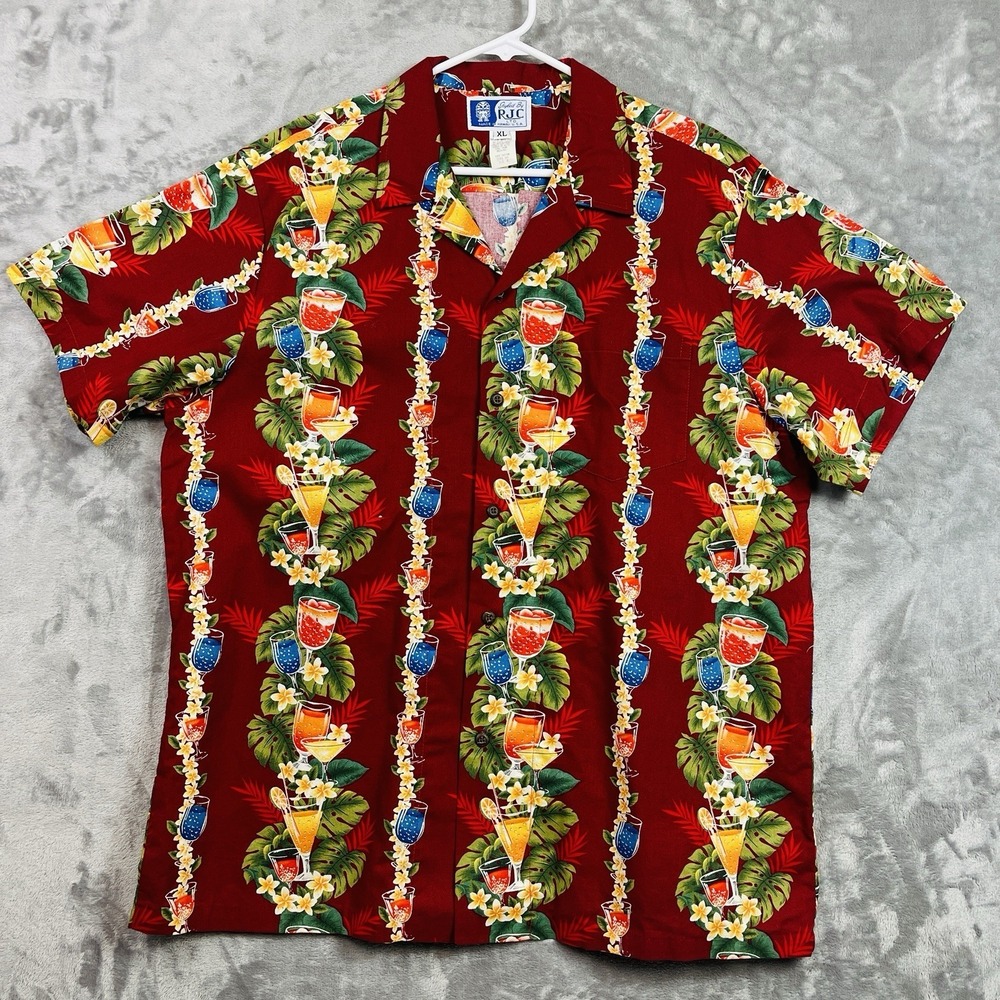 RJC Made In Hawaii Mens XL Red‎ Cocktails Tropical Aloha Hawaiian Shirt